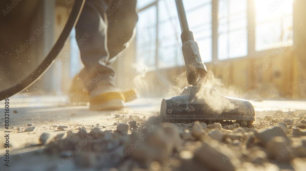 Wall mural a close-up image of a construction site being cleaned with a vacuum. cleaning service. copy space