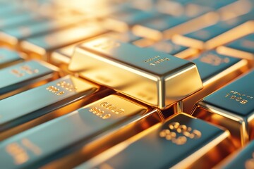 Close-up of stacked gold bars reflecting light, representing wealth, luxury, and investment opportunities.