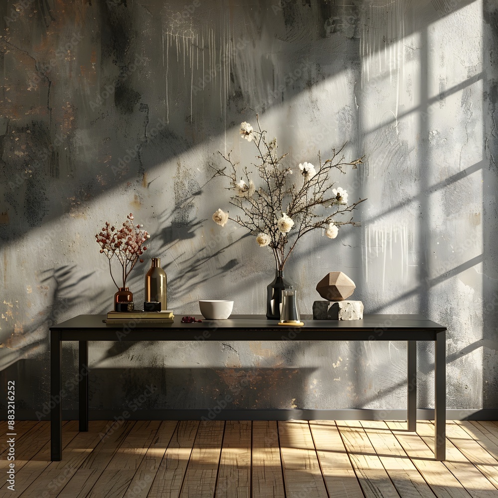 Poster chic modern metal table in contemporary home decor setting with empty display surface and copy space