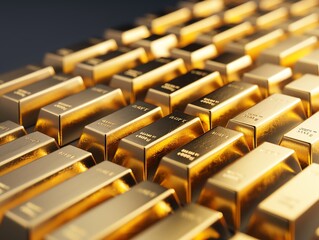 Fototapeta premium A close-up image of multiple gold bars arranged in a neat pattern, reflecting light and displaying their luxurious and valuable nature.
