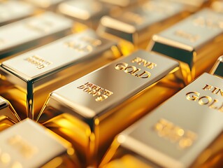 Close-up shot of luxurious gold bars, shining brightly in a tidy arrangement, symbolizing wealth, investment, and financial security.