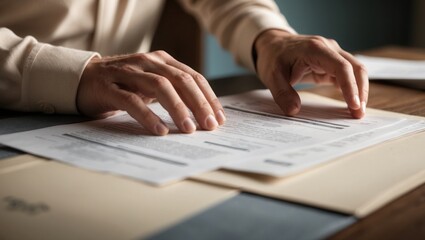Obraz premium Close Up of Person's Hands Reviewing Documents on Desk