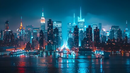 Obraz premium Stunning New York City skyline with illuminated iconic skyscrapers against the night sky