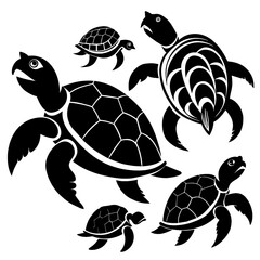 2 turtles in silhouette swim gracefully in the ocean, different sizes and positions shown. White background contrasts their movement. Generative AI