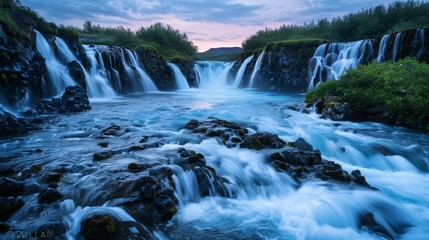 The serene Bruarfoss Waterfall at dusk, with the striking blue waters cascading through rocky paths, surrounded by lush green flora, and the twilight sky painted in soft, warm tones.