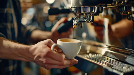 Barista preparing espresso with professional coffee machine in a cozy cafe setting, close-up of hands and coffee cup