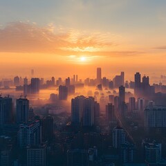 Obraz premium Majestic cityscape at dawn with golden sky and illuminated high rise buildings