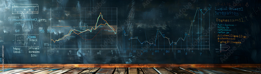 Poster photo realistic blackboard with performance graph and chart on dreamy background symbolizing compreh