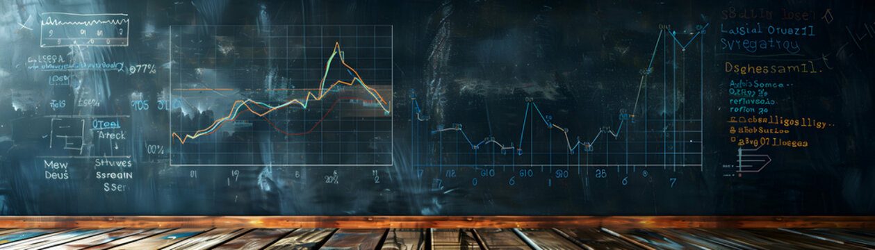 Photo Realistic Blackboard with Performance Graph and Chart on Dreamy Background   Symbolizing Comprehensive Business Success | Stock Photo Concept