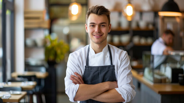 Young Confident Chef Smiling and Standing with Arms Crossed in a Modern Restaurant Kitchen