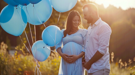 Happy Expectant Couple Celebrating with Blue Balloons at Sunset in a Scenic Outdoor Setting