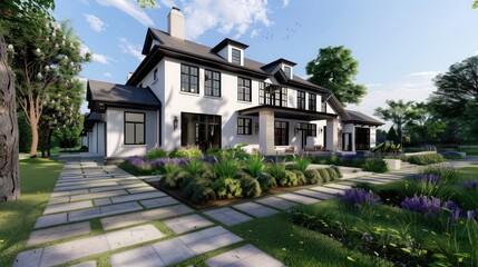 Suburban Colonial home with a modern edge, featuring angular, minimalist landscaping and stark color contrasts