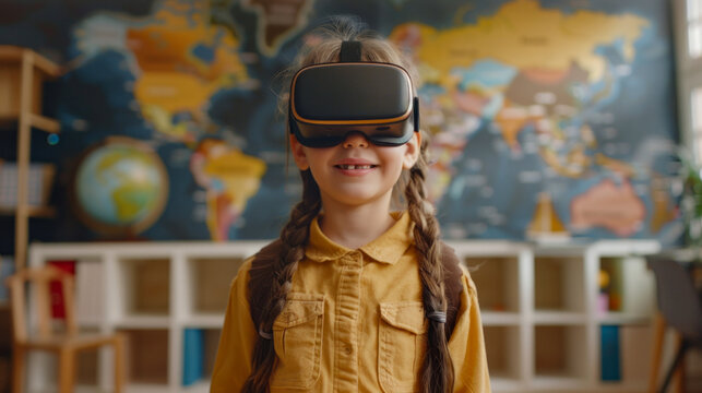 Young girl wearing virtual reality headset in a classroom with a world map background, experiencing educational VR content
