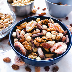 A deluxe display of various mixed nuts in different bowls, creating a Christmas atmosphere.