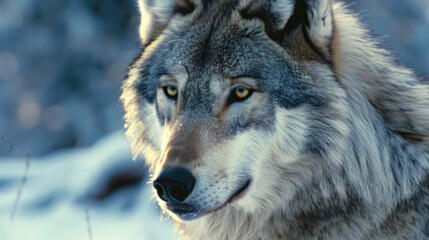 Fototapeta premium Majestic Grey Wolf in Snowy Forest - Close-Up Portrait of a Wild Canine in Natural Winter Habitat, Highlighting the Beauty and Intensity of This Endangered Species