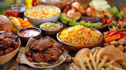 Obraz premium A table full of food including pasta, pizza, and meat
