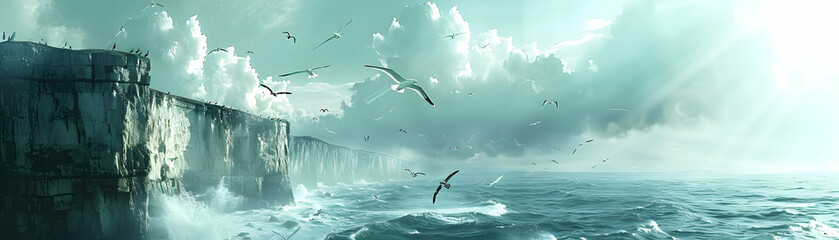 Fototapeta premium Photo Realistic Cliffs and Seagulls: Half Tone Cliffside with Soaring Birds Against Dreamy Background, Ideal for Text or Graphics, Symbolizing Freedom and Natural Majesty Stock P
