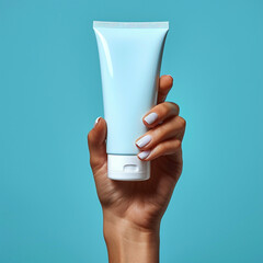 Hand holding tube with cosmetic product on blue background. Made with generative ai