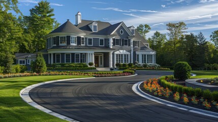 Fototapeta premium Suburban Colonial home with a circular driveway, bordered by seasonal flowers and leading to a grand front entrance