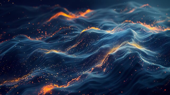 Abstract Blue and Gold Waves with Glittering Particles