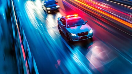 A police car is driving down a street with other police cars behind it
