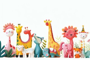 Fototapeta premium Cute and brightly colored and playful animal illustration. Wild woodland safari jungle animals illustrations.