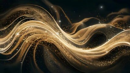 Obraz premium Digital gold particles wave and light abstract background with shining dots stars.