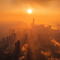 sunrise over the city, sunset over the city, sunrise over the field, city skyline at sunset, A city skyline shrouded in thick smog, with skyscrapers visible through the haze and a golden sunset 