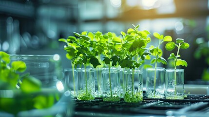 Concept of green technology with plants growing in glass flasks