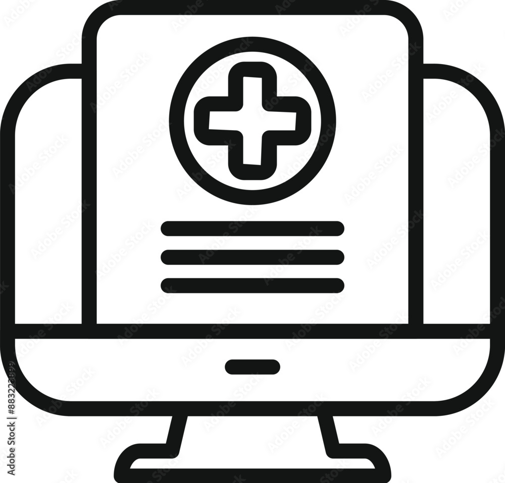 Poster simple icon depicting a medical record displaying on a desktop computer screen, representing online 