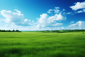 Obraz premium generated illustration of empty green grass field with blue sky and white clouds