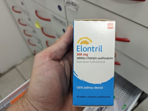 Prague, Czech Republic - July 10 2024: ELONTRIL box of medication with BUPROPION active substance by GLAXOSMITHKLINE, used for treatment of major depressive disorder and smoking cessation.

