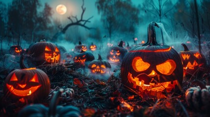 Spooky Halloween Jack-o'-Lanterns in the Forest.