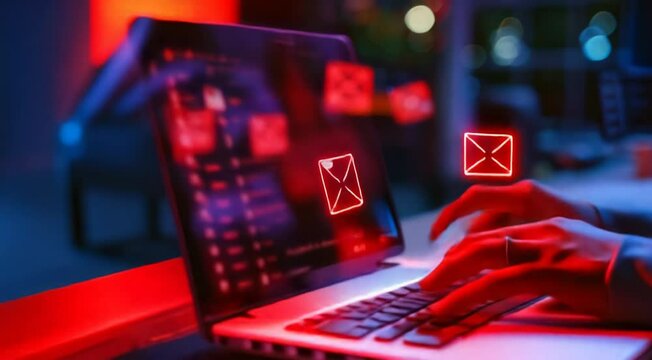 A hacker infiltrates a system, depicted by glowing red envelopes representing malicious emails or malware threats on a computer screen.