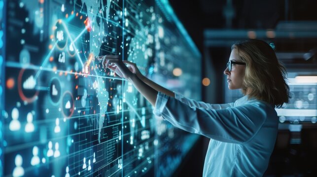 A woman using advanced digital technology to analyze data on a large interactive screen in a modern futuristic office environment.