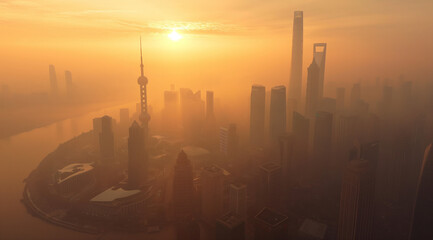 sunrise over the city, sunset over the city, sunrise over the field, city skyline at sunset, A city skyline shrouded in thick smog, with skyscrapers visible through the haze and a golden sunset 