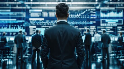 Businessman in a modern office overlooking a team of analysts working with financial data and stock market charts on multiple screens.
