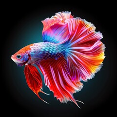 Fototapeta premium Beautiful vibrant Betta fish with flowing fins and multicolored scales, captured against a dark background.