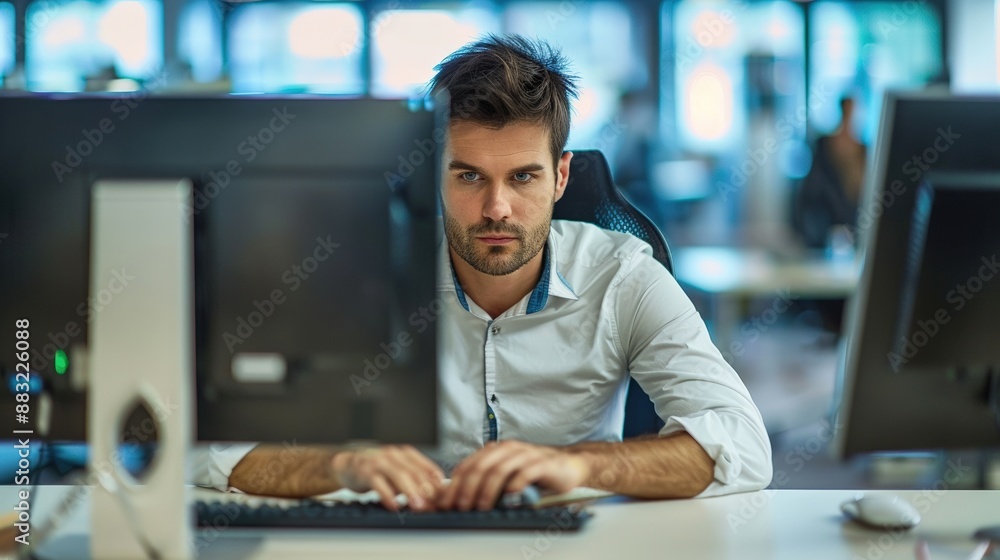 Poster a man is sitting at a desk with a keyboard and a mouse in front of him