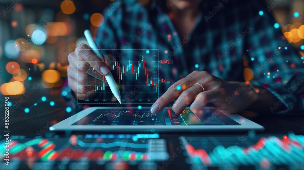 Poster a person is using a tablet to draw graphs and charts