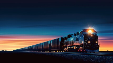 Freight train moving across open landscape during a vibrant sunset, with colorful sky and dramatic horizon in the background.