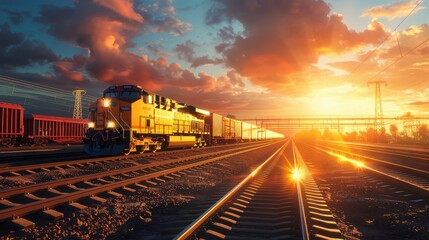 Freight train traveling on railway tracks during a vibrant sunset, with dramatic skies and glowing light reflecting on the metal rails.