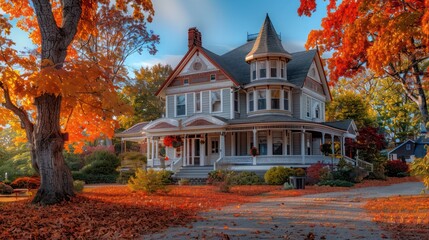 Fototapeta premium Suburban Victorian home during the fall, its architecture perfectly complemented by the fiery colors of the surrounding maples