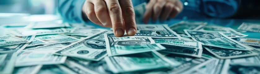 Hand picking up dollar bills from a large stack of cash, representing wealth, finance, and financial management.