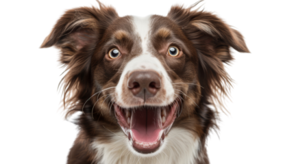 Happy and excited dog with brown and white fur, looking directly at the camera with a joyful expression. Perfect for pet-related uses.
