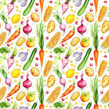 Various of colorful fresh vegetables or tuber plants and fruit in water color drawing with seamless pattern elements design.white background