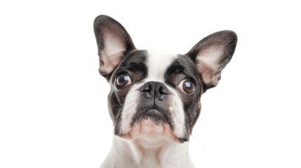 Close-up portrait of a cute Boston Terrier dog with expressive eyes and big ears against a white background, isolated and looking curious.
