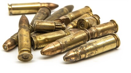 Close-Up of Assorted Brass Bullet Cartridges on White Background - Detailed Firearm Ammunition Concept
