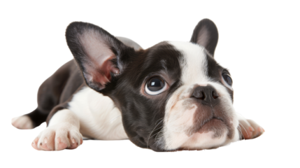 Adorable French Bulldog puppy lying down, looking up with big, expressive eyes. Perfect for pet-related themes and heartwarming animal content.