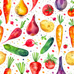 Various of colorful fresh vegetables or tuber plants and fruit in water color drawing with seamless pattern elements design.white background